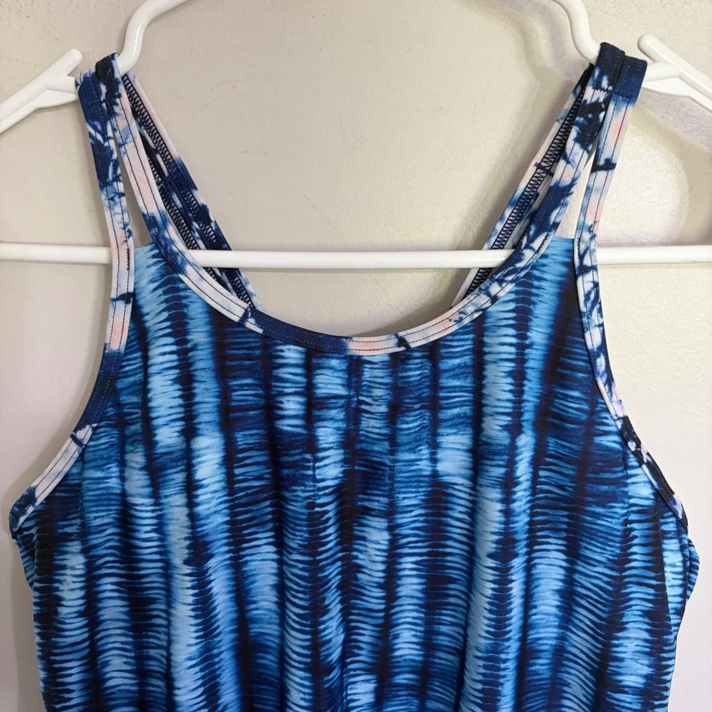 Athleta Girl Festival Tie Dye One‎ Piece Swimsuit Blue Navy XXL 16 Cutout Back